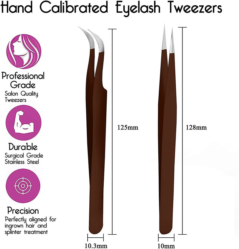 Sivote Eyelash Tweezers, 2-Pack, Hand Calibrated Straight and Curved Tips, Stainless Steel Lash Tweezers for Eyelash Extensions, Matte Silver - Image 2